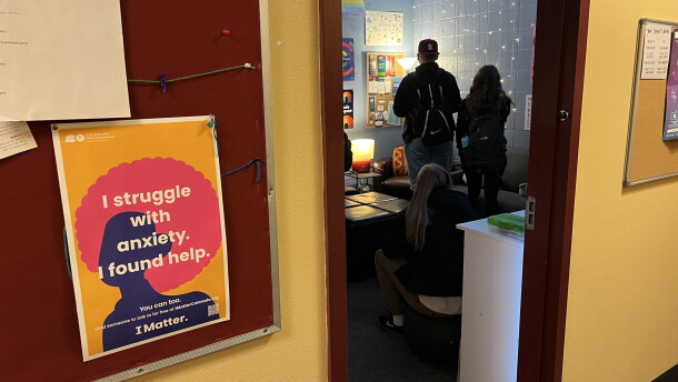 Peer counselors, all students at Rocky Mountain High School in Fort Collins, gather in the counseling room during a passing period. Many schools lack the necessary resources to meet student's mental health needs.