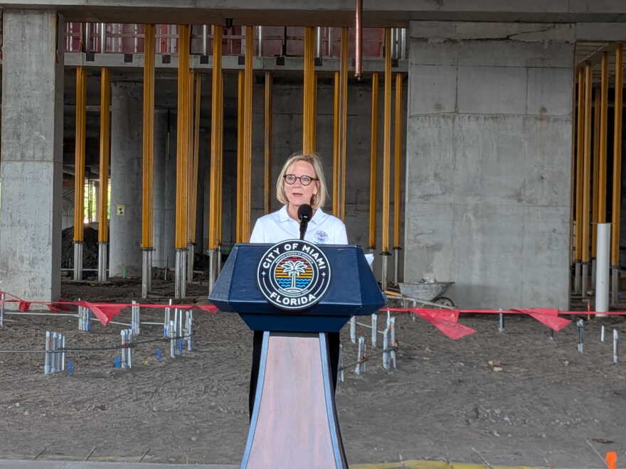 Miami Mayor Eileen Higgins speaks at a construction site for Miami’s new civic center