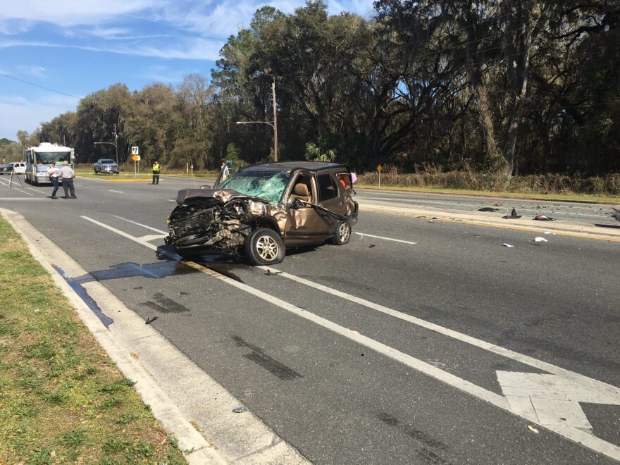 Five people were injured, three seriously, following a three-vehicle crash in Gainesville this afternoon. One woman, who was ejected from her vehicle, is in critical condition at Shands. (Photo courtesy Gainesville Police Department)