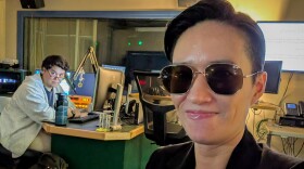 Dyland Reyes (left) and Catherine Shen inside the talk-studio control booth at Connecticut Public.