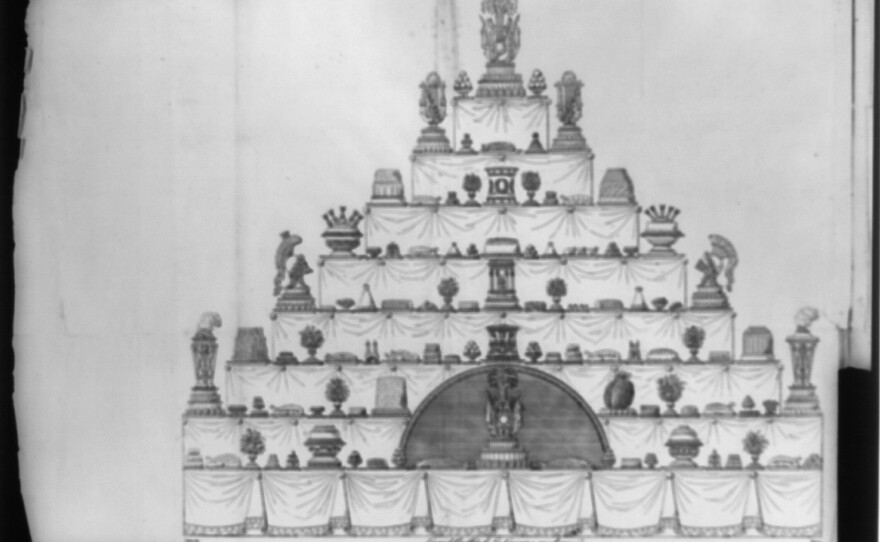 Carême shaped confections like different foods, helmets, Turkish mosques and Greek temples, among other things, on this 8-layer cake illustrated circa 1822.