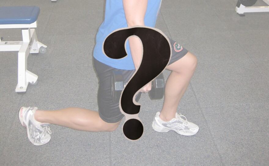 The bottom portion of an image of a person lunging with weights in hand; a question mark in the foreground