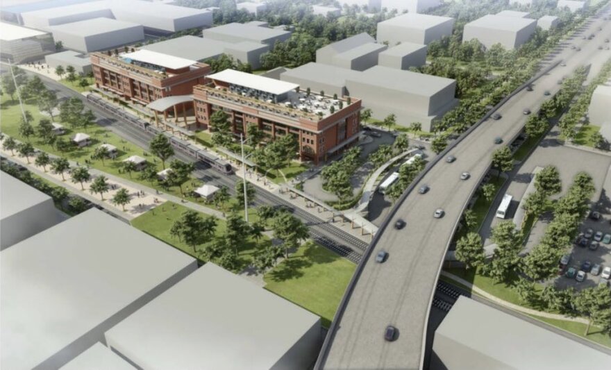 An artist’s rendering of the proposed commuter train station in Baton Rouge. The U.S. Department of Transportation announced Wednesday that it awarded a grant to the BR-NOLA Inter-City Rail project funded by Biden’s Bipartisan Infrastructure Law. (Image courtesy of the City of Baton Rouge)