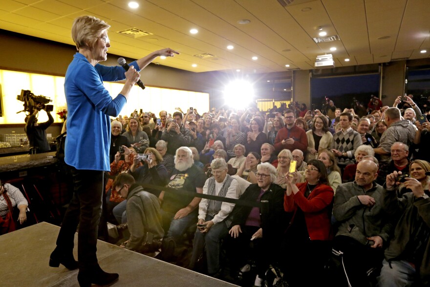 Sen. Elizabeth Warren of Massachusetts speaks to a crowd in Council Bluffs, Iowa.