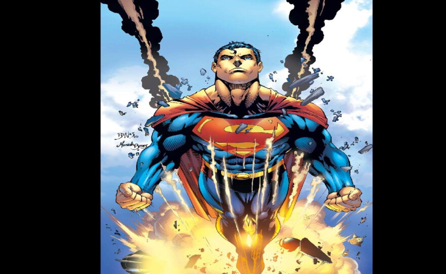 Superman is drawn from the front. He is fully clothed and is 'powerful'...
