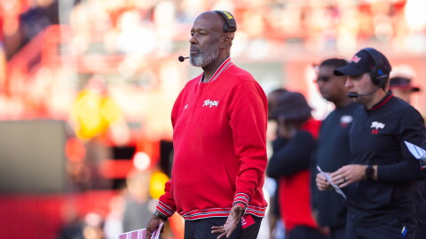 Maryland head coach Michael Locksley, left, reacts to a referee's call as his team plays against Nebraska during the first half of an NCAA college football game Saturday, Oct. 3, 2026, in Lincoln, Neb. (AP Photo/Rebecca S. Gratz)