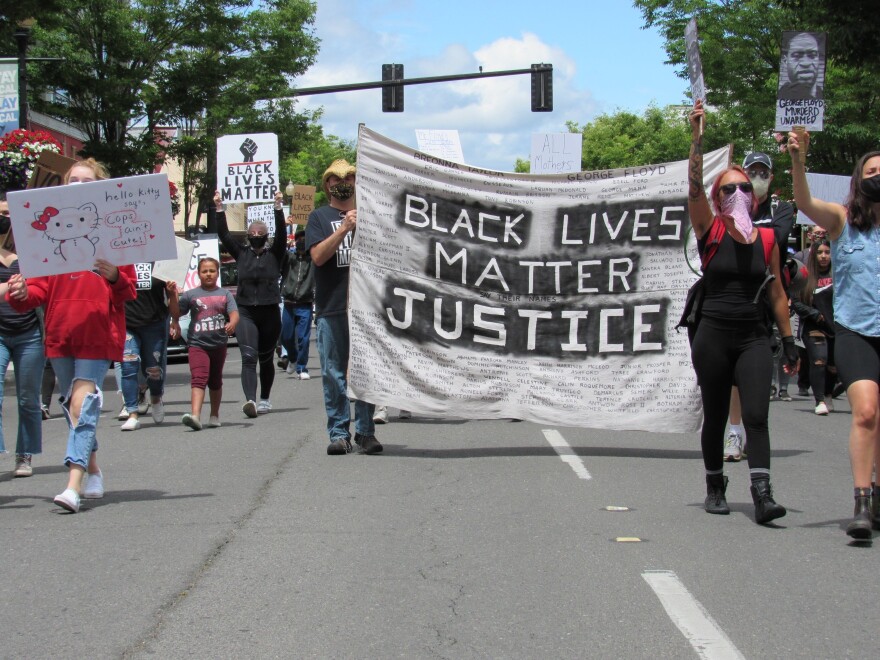  Demonstrators call for racial justice in downtown Medford on Saturday, June 6, 2020.