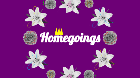 A purple background with a circle of white flowers in the middle. In the center is the word 'Homegoings' with a yellow crown over the M.