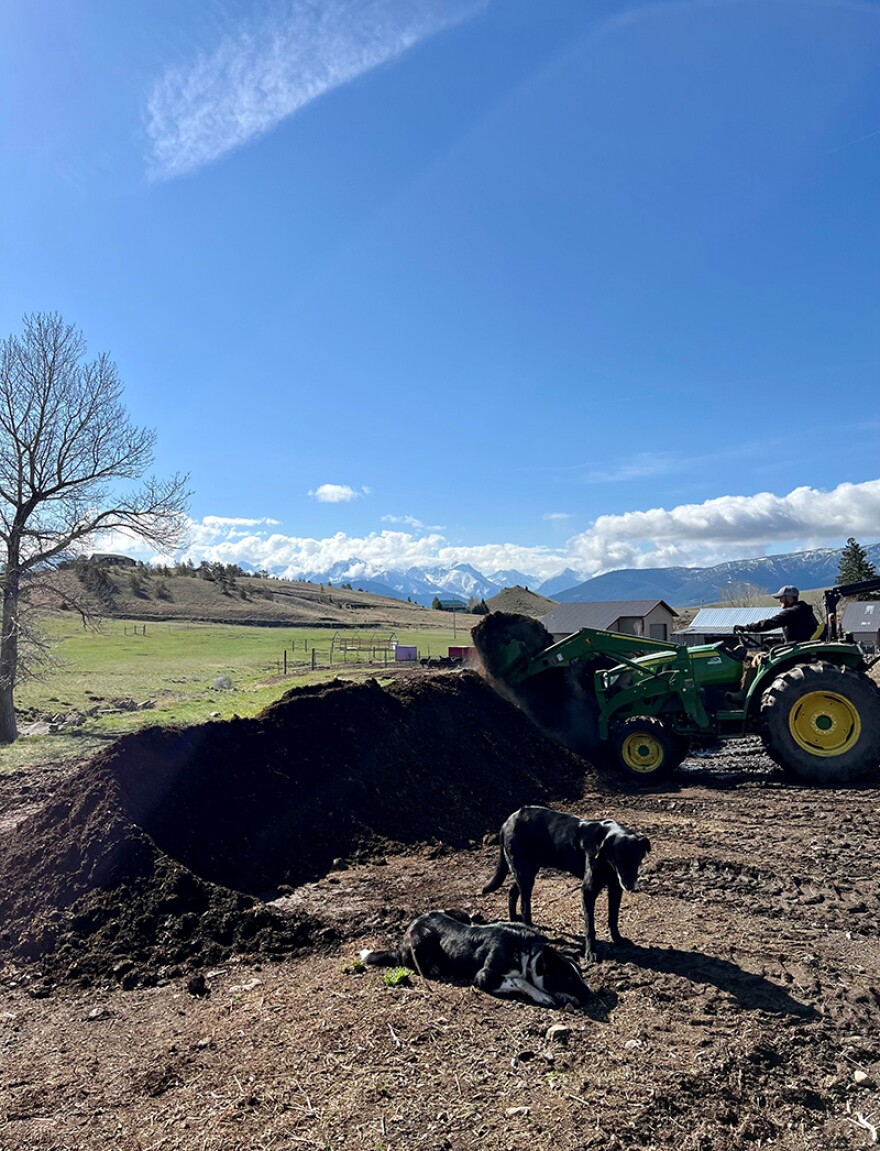 Tim Anthony turns the compost at Black Dog Farm in Livingston
