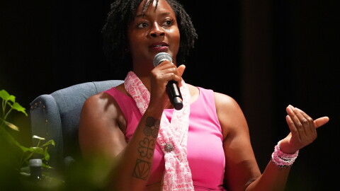 Democratic candidate for U.S. Senate Angie Nixon speaks on stage during a fireside chat hosted by Rep. Frederica Wilson at Florida Memorial University, Thursday, Oct. 8, 2026, in Miami Gardens, Fla.