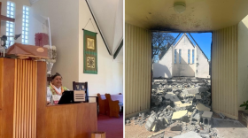 Kahu ʻĀnela Rosa (left) pictured in Waiola Church in 2022 compared to the church after the August fires (right).