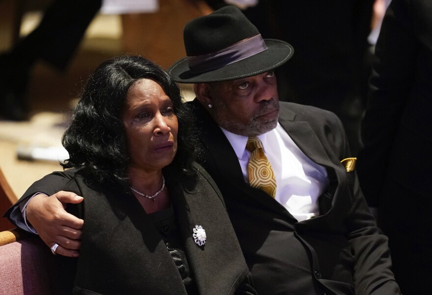 RowVaughn Wells and her husband Rodney Wells attend the funeral service for her son Tyre Nichols at Mississippi Boulevard Christian Church in Memphis, Tenn., on Wednesday.