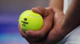 The logo for the U.S. Open tennis championships is visible on a ball during a practice session Thursday, Aug. 27, 2026, in New York. (Frank Franklin II/AP)