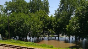 Missouri River filling city park at Parkville, Mo. BNSF tracks in foreground. ( click to enlarge)