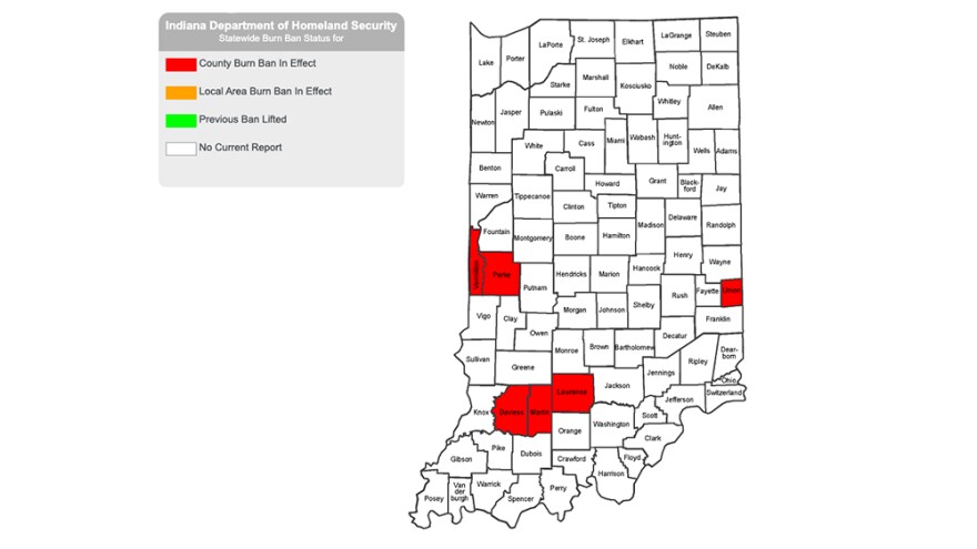 A map on the Indiana Department of Homeland Security website shows counties with burn bans as of Wednesday, Sept. 22.
