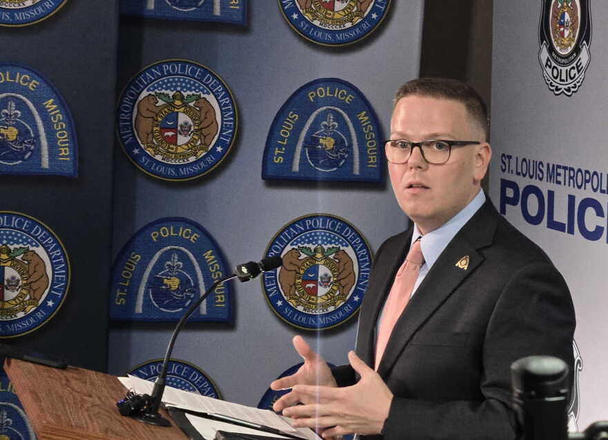 St. Louis Metropolitan Police Department spokesman Mitch McCoy speaks to media about the investigation into crimes at various churches at police headquarters in St. Louis' Downtown West neighborhood on Monday.