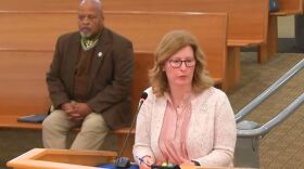 Tammy Rosario (right), assistant director of community development, and Vaughn Poller (left), neighborhood development administrator, talk with the James City County Board of Supervisors about the next steps to establish a community land trust.