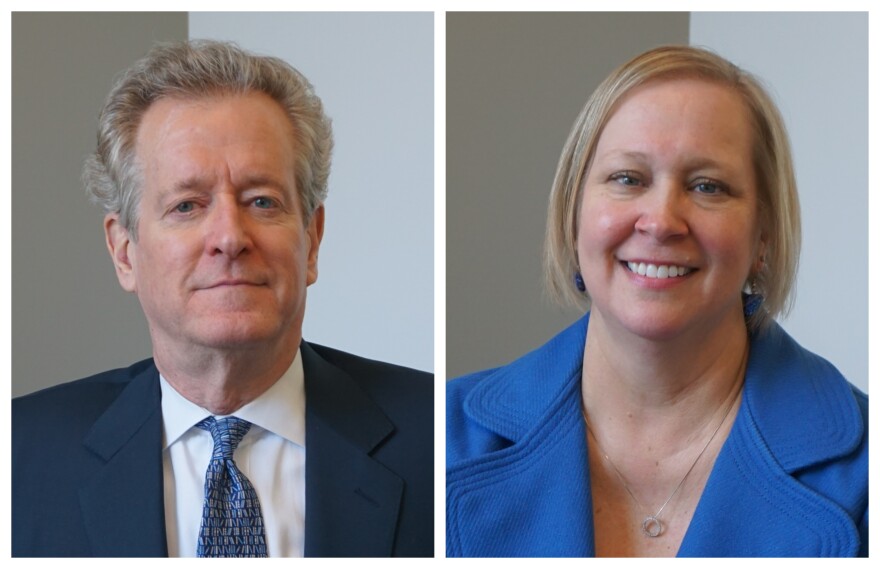 Waller McGuire, left, and Kristen Sorth joined Tuesday's talk show and a press conference announcing the end of library fines in their respective systems.