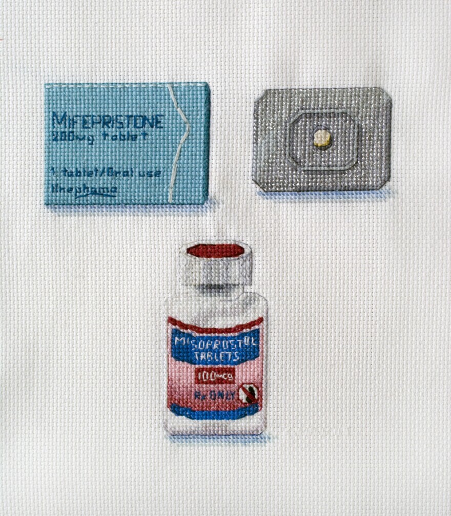 Artwork from artist and curator Katrina Majkut was also removed from the exhibit. The piece shows an embroidered representation of the abortion drugs Mifepristone and Misoprostol.