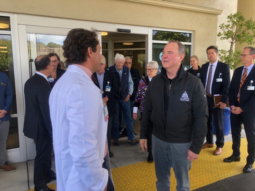 Democratic Senator Adam Schiff of California (right) visiting with staff, and community leaders at Santa Ynez Valley Cottage Hospital on Wednesday. He helped save millions of dollars in funding that a federal agency was threateneing to cut.