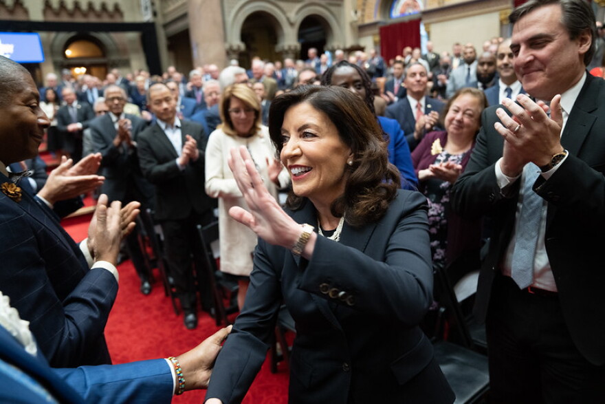  Gov. Kathy Hochul greets state lawmakers at her State of the State address on Jan. 10, 2023.