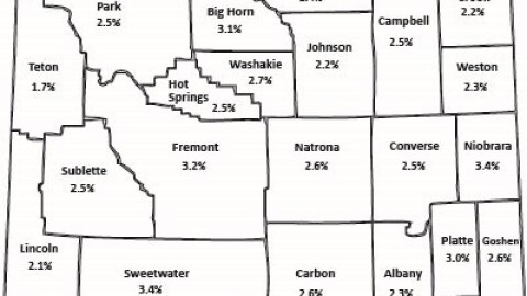 A map of Wyoming depicting the unemployment rate for each county.