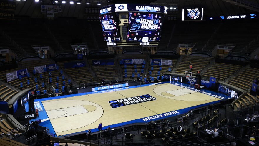 All men's NCAA Basketball Tournament games are being held in Indiana in a makeshift coronavirus bubble. Purdue's Mackey Arena in West Lafayette is hosting some of the early games.