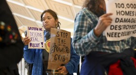 A protestor holds a sign as the Republican-dominated North Carolina House convened to complete the override of Gov. Cooper's veto, Wednesday, Dec. 11, 2024, in Raleigh, N.C. (AP Photo/Matt Kelley)