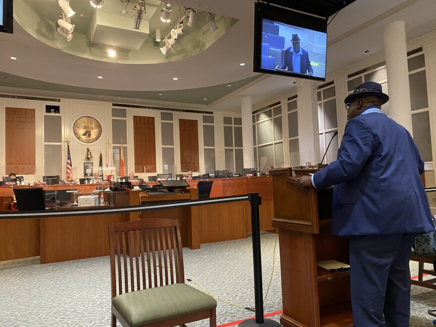 Northside Coalition of Jacksonville President Ben Frazier address the Jacksonville City Council Finance Committee after disrupting the meeting earlier