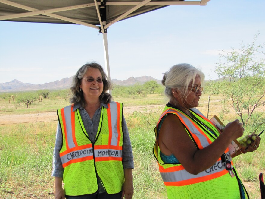 Arivaca residents Leesa Jacobs (left) and Jolene Montana (right) at the checkpoint monitoring station in July 2014.