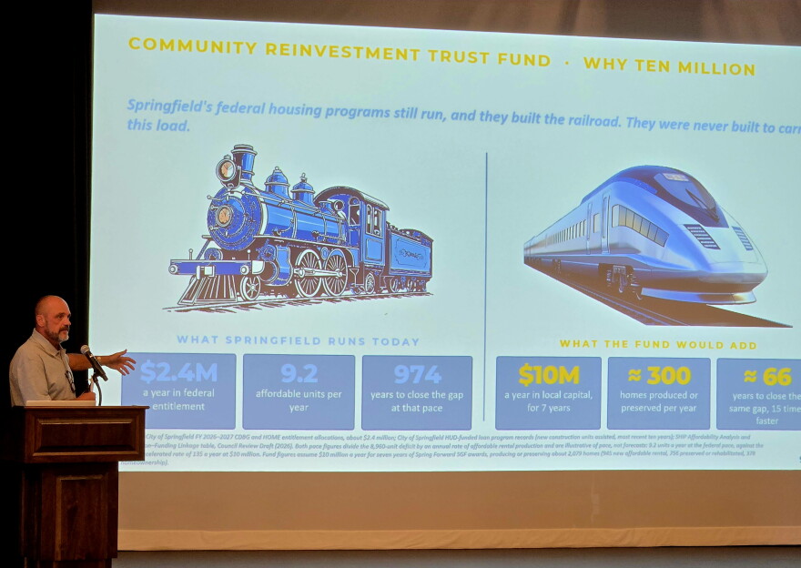 Springfield Planning and Development Director, Steve Childers, speaks during a summit on housing in Springfield. He pitched a proposal for a housing trust fund.
