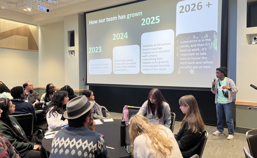 Matthias Mathieu presents about the Sustainable Schools Coalition on Nov. 11, 2025 at the Youth Climate Summit hosted by the Durham Museum of Life and Science. Mathieu helped planned this event as part of the Museum's Teen Advisory Council.