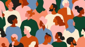 An illustration of a diverse group of stylish people standing together. 