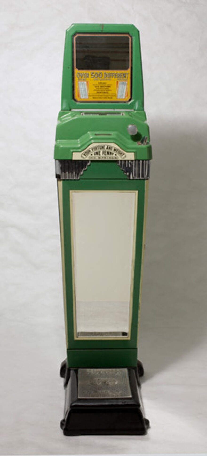 This penny fortune scale, made by the Watling Scale Company, stood outside the door of the Colfax Fonk's during the 1940s and 1950s. For a penny, a passerby could find out his weight and receive his fortune. Museum Collection 3941.2