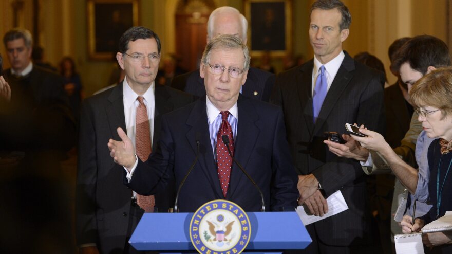 Senate Minority Leader Mitch McConnell delivers remarks  during a news conference in December, where he commented on the Ryan/Murray budget, debt ceiling and XL Pipeline.