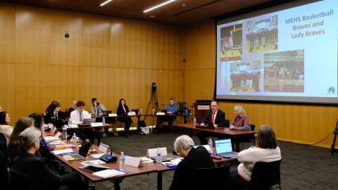 Education Commissioner Deena Bishop and David Langford, superintendent of Mt. Edgecumbe High School give an update to the State Board of Education, which administers the state boarding school at their annual in-person meeting in Juneau on Mar. 10, 2026.