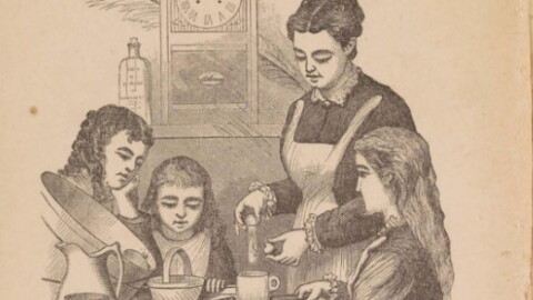 Artistic sketch of a woman teaching three girls how to cook.