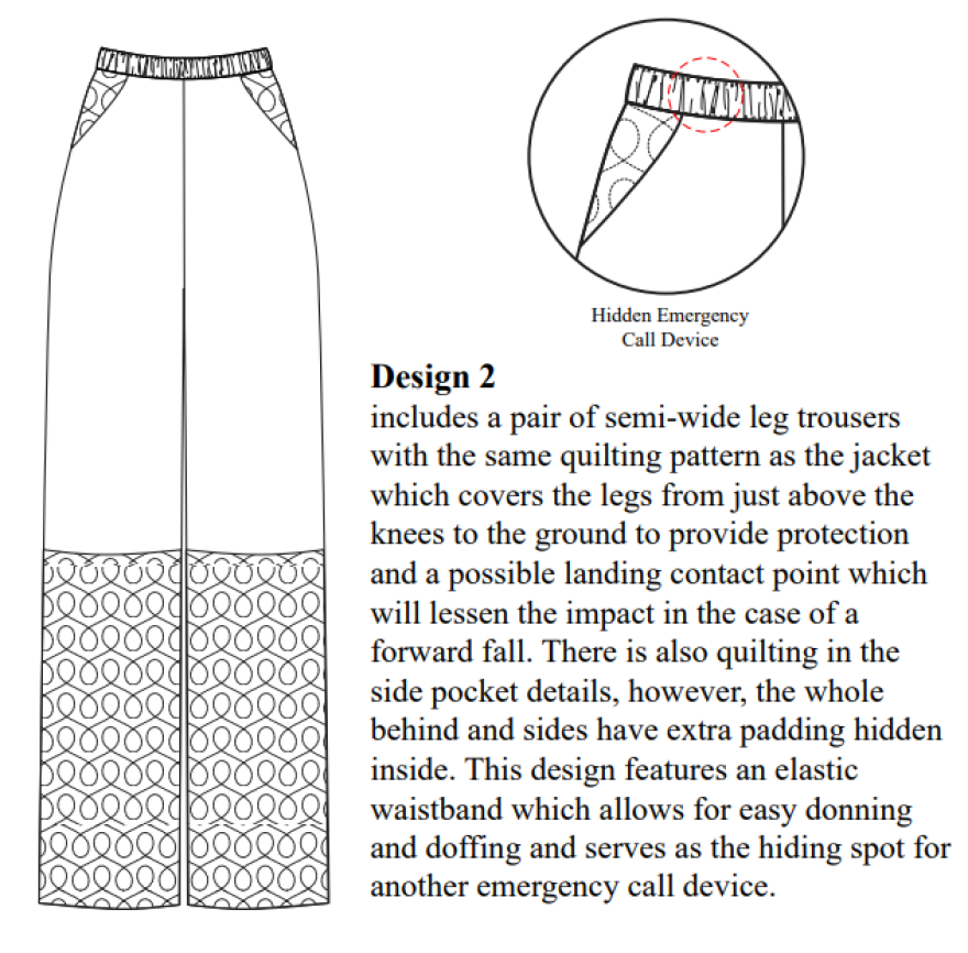 Kaleigh Slot's pants design with quilted padding located from the knees to the hem with a call device located in the waistband.