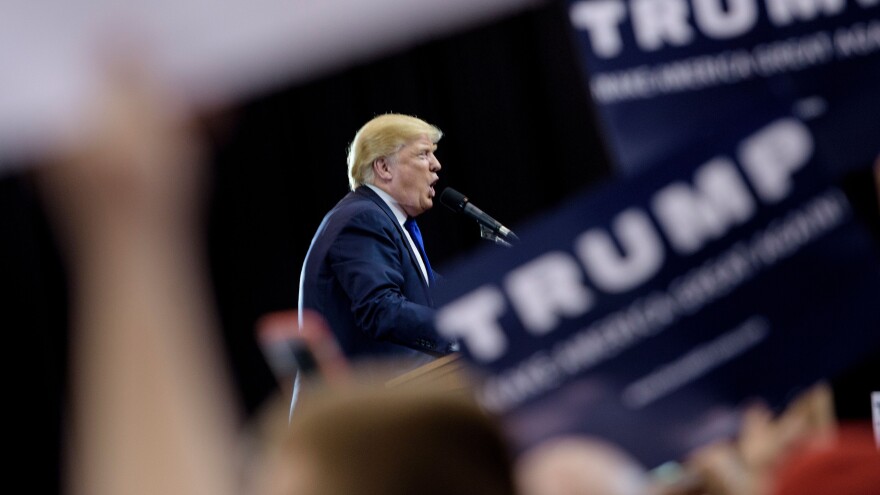 Donald Trump speaks during a rally at the International Exposition Center on Saturday in Cleveland.