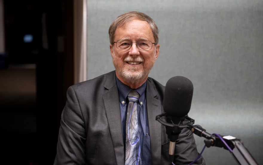 Bob McCoy, director of the University of Alaska Fairbanks Geophysical Institute, sits in Studio B at Alaska Public Media on July 30, 2025.
