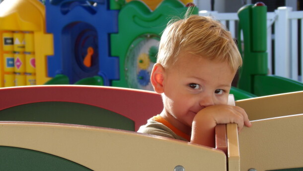 Owen Vaughan, 1, plays on an outdoor playset at Children First in Sarasota on Sept. 9, 2026. Owen and his older brother, Donovan, both attend Children First for early childhood education.