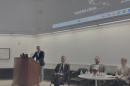 Juan Mullerat, the principal of urban planning department Plusurbia Design, speaks at a panel on sea level rise at the University of Miami's Perez Architecture Center Friday, Sept. 4, 2026.