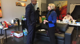 Ohio treasurer candidate Rob Richardson (left) and former Cleveland Mayor Jane Campbell discussed criminal justice reform during his Northeast Ohio campaign swing. 