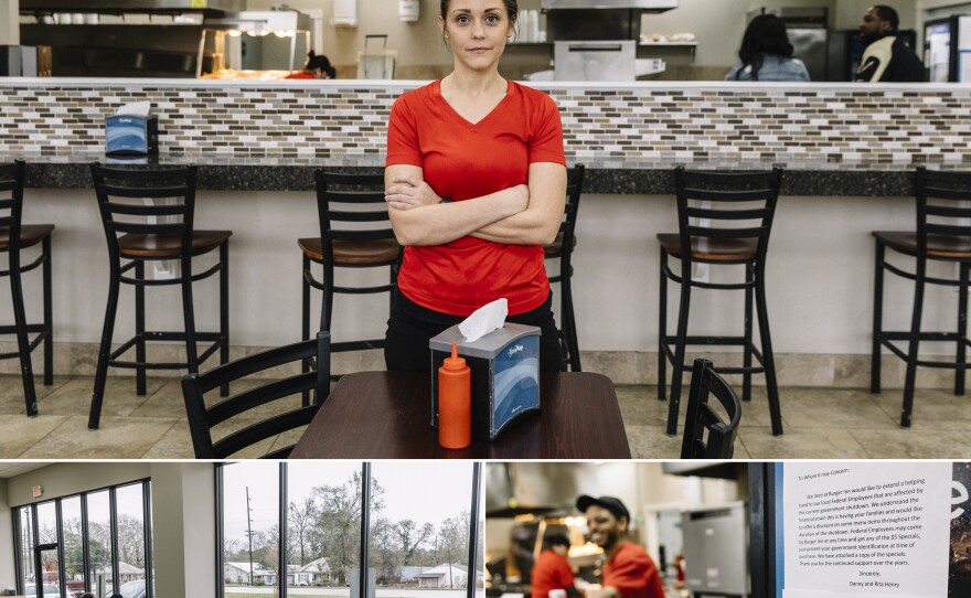 Top: Megan Crawford stands in the dining area of Burger Inn, the fast-food restaurant that her family has operated for 14 years. Burger Inn is offering a special $5 menu for government employees affected by the shutdown.