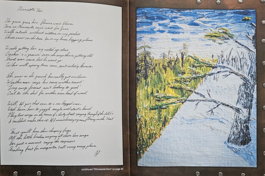 An open book showing handwritten cursive poetry on the left and a painting of a winter and summer split scene. 
