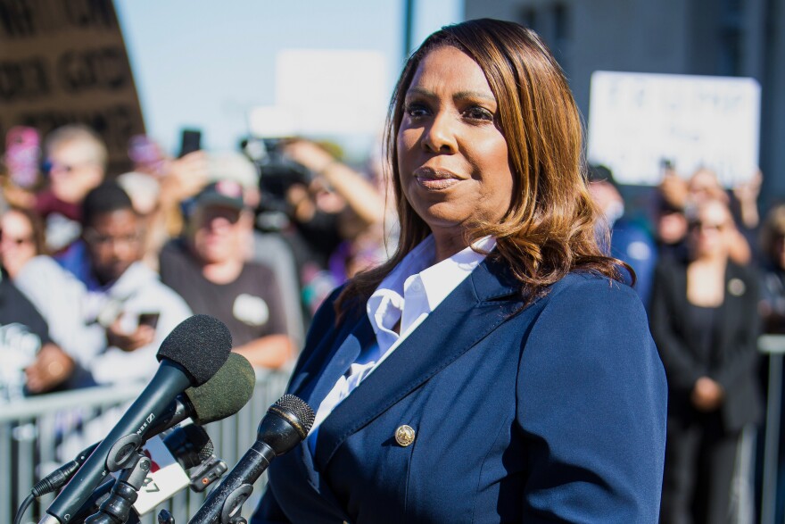 FILE - New York Attorney General, Letitia James, speaks after pleading not guilty outside the United States District Court on Friday, Oct. 24, 2025, in Norfolk, Va.