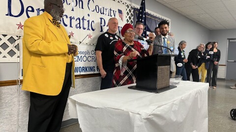Gladys Muhammad rallies Democrats Monday at their Dyngus Day event at M.R. Falcons in South Bend.