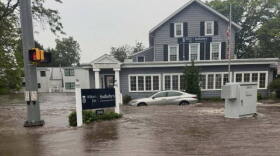 This photo provided by the Westport Fire Department shows flash flooding in Westport on Sept. 13, 2026 (Provided by the Westport Fire Department via AP)
