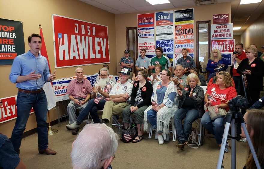 Missouri Attorney General Josh Hawley appeals to supporters Monday at a rally in Imperial, Mo., to promote his bid for the U.S. Senate.