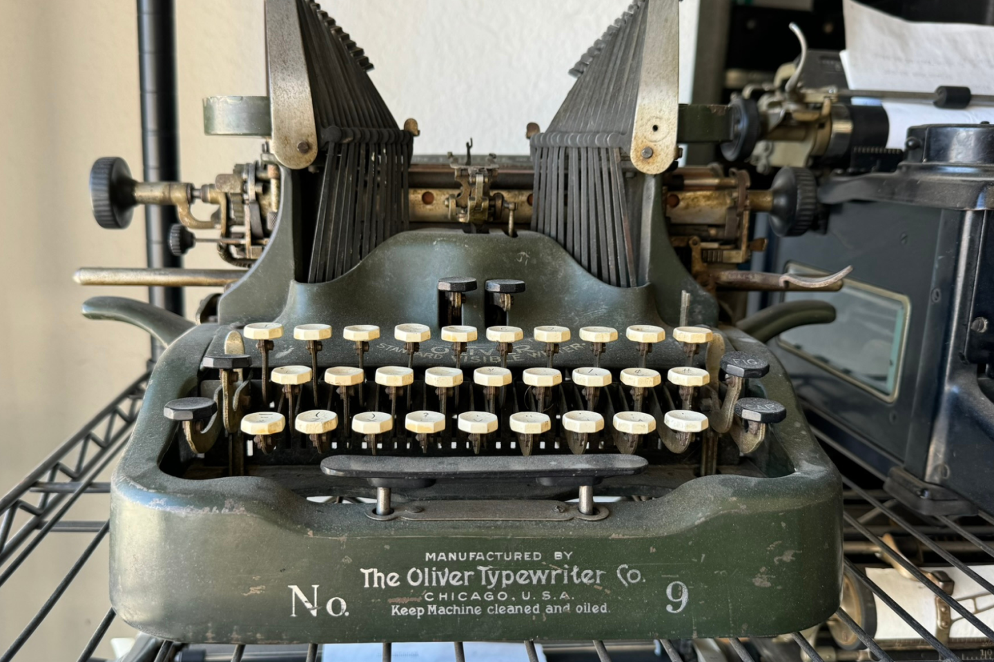 A typewriter in Duane Jensen's workshop.